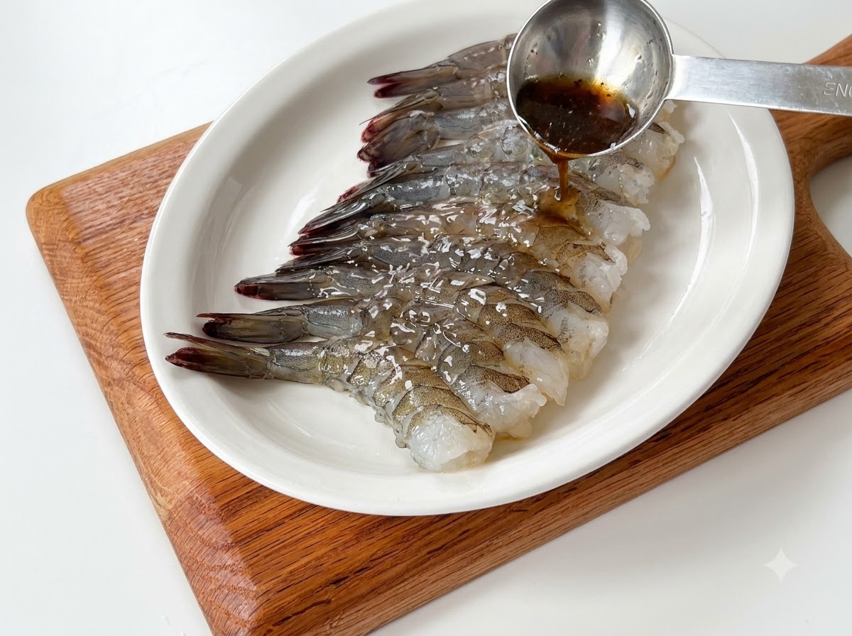 白いお皿に並べられた生の海老の上に、計量スプーンから料理酒が注がれている様子。