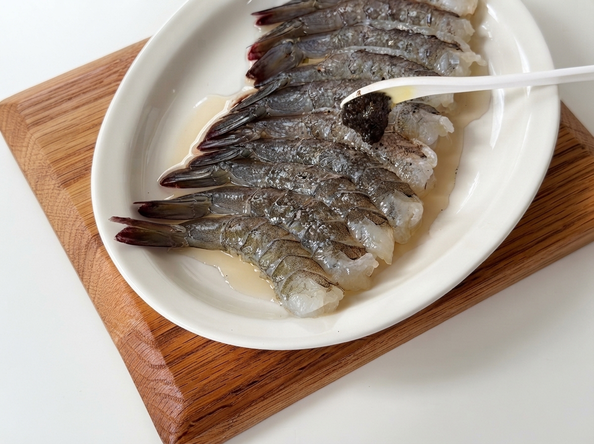 手袋を着用した手が、お皿の上の海老に黒トリュフペーストと黒こしょうを塗り込んでいる様子。