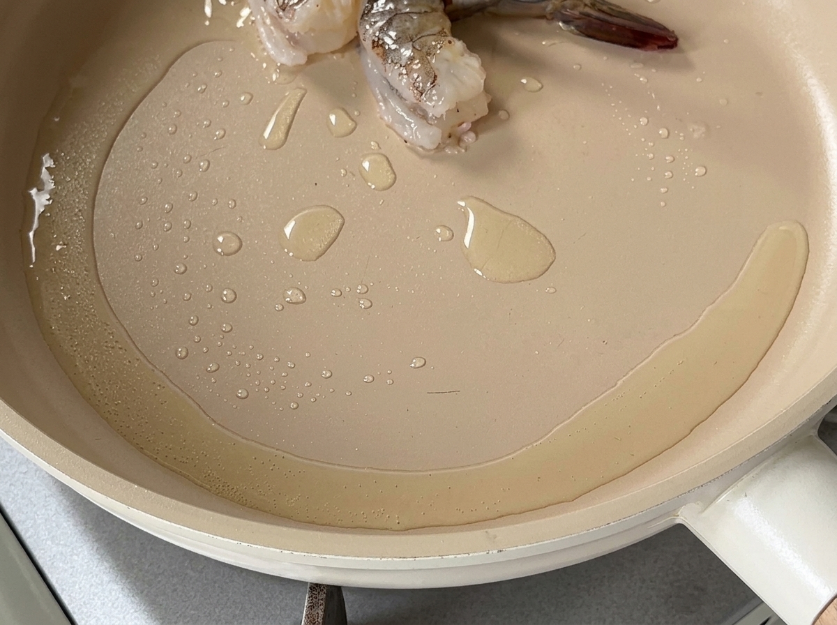 浅めのフライパンで熱された油が輝き、数切れの海老が焼き始められている様子。