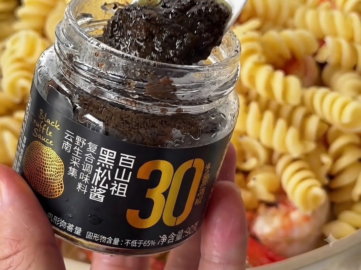 瓶の上で白いスプーンに取られた黒トリュフペースト。背景にはパスタと海老の混合物が見える。