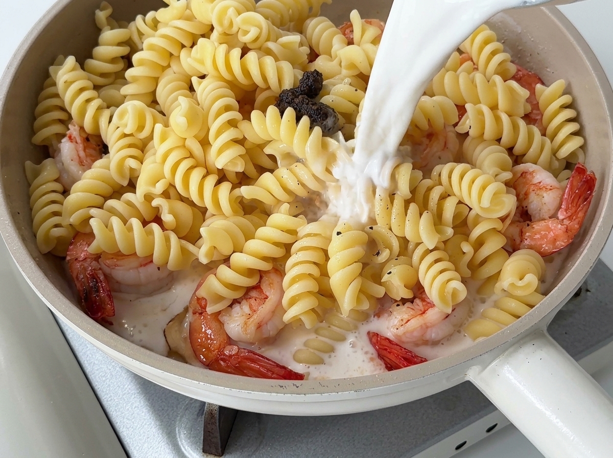 ピッチャーから、パスタ、海老、トリュフペーストの入ったフライパンへ牛乳と生クリームが注がれている様子。