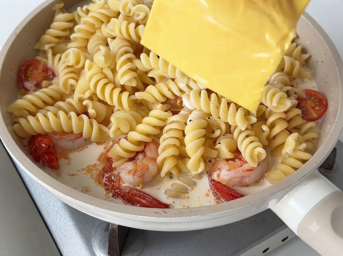 フライパンの中のクリーミーなパスタの上に、正方形の黄色いスライスチーズが乗せられている様子。