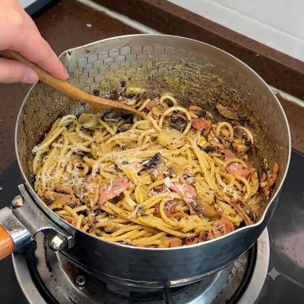 きのことベーコンを混ぜ合わせた熱々のパスタの上に、チーズを直接削りかけている様子