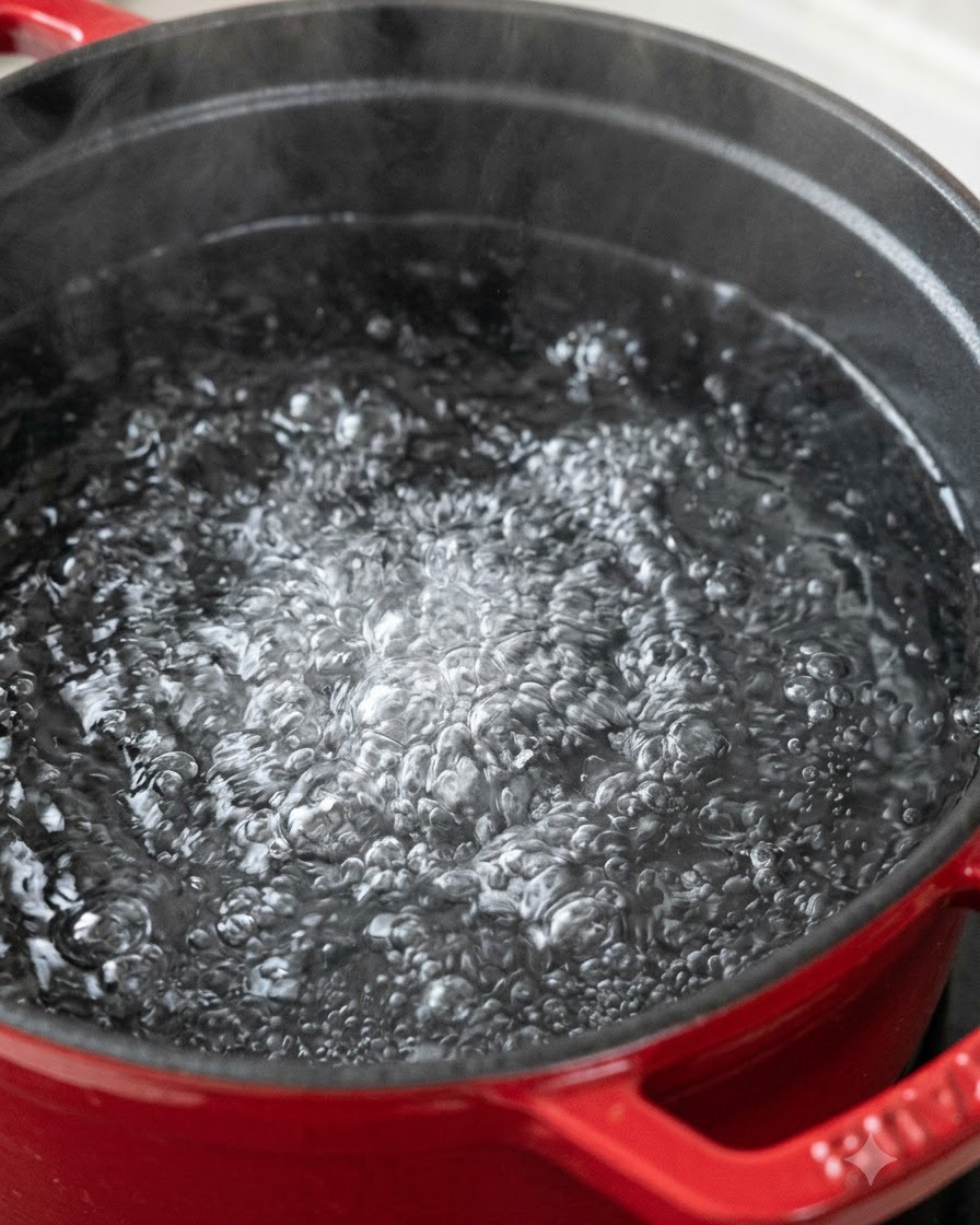 鍋の中で激しく沸騰するお湯の中でスパゲッティが茹でられている様子。