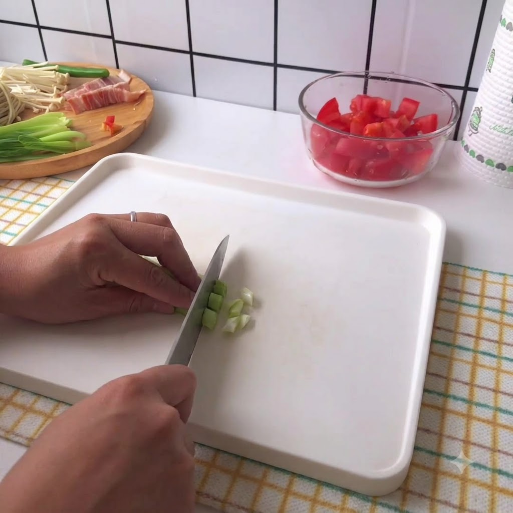 白いまな板の上で、青ネギを丁寧にスライスしている手。