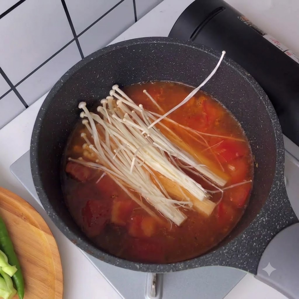 沸騰した赤いトマトスープの中に、新鮮なエノキを入れている様子。