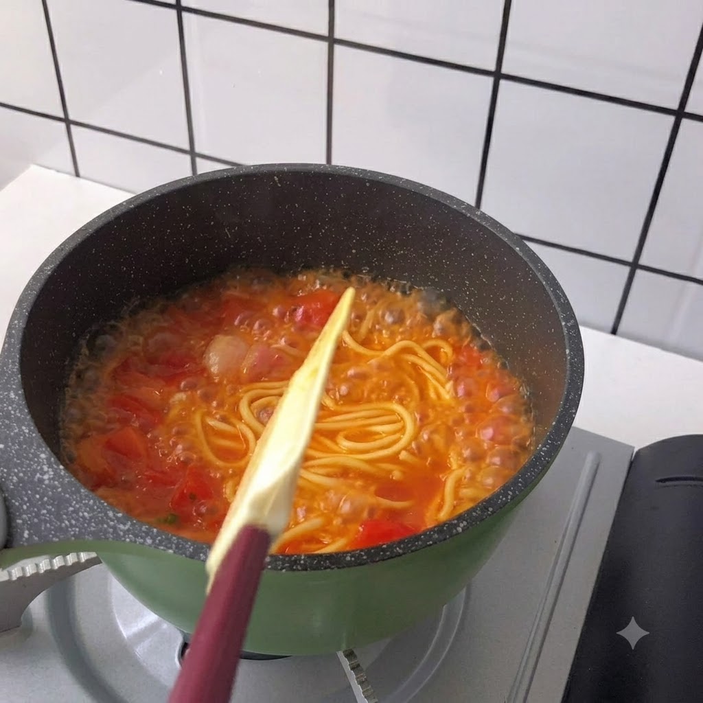 泡立つ赤いスープの中で、ヘラを使って長い麺をかき混ぜている様子。