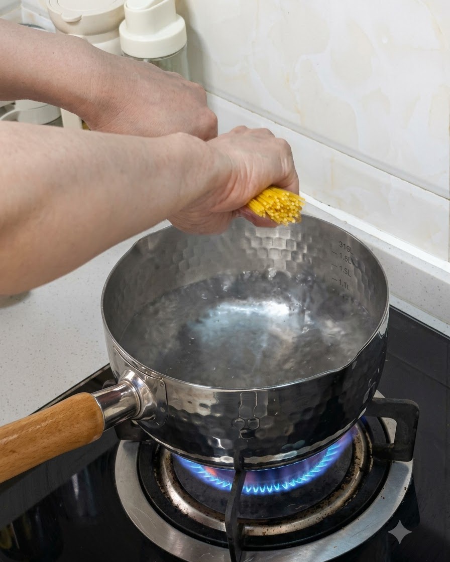ガスコンロ上の沸騰したお湯が入った鍋に、束ねたスパゲッティパスタを投入している様子。