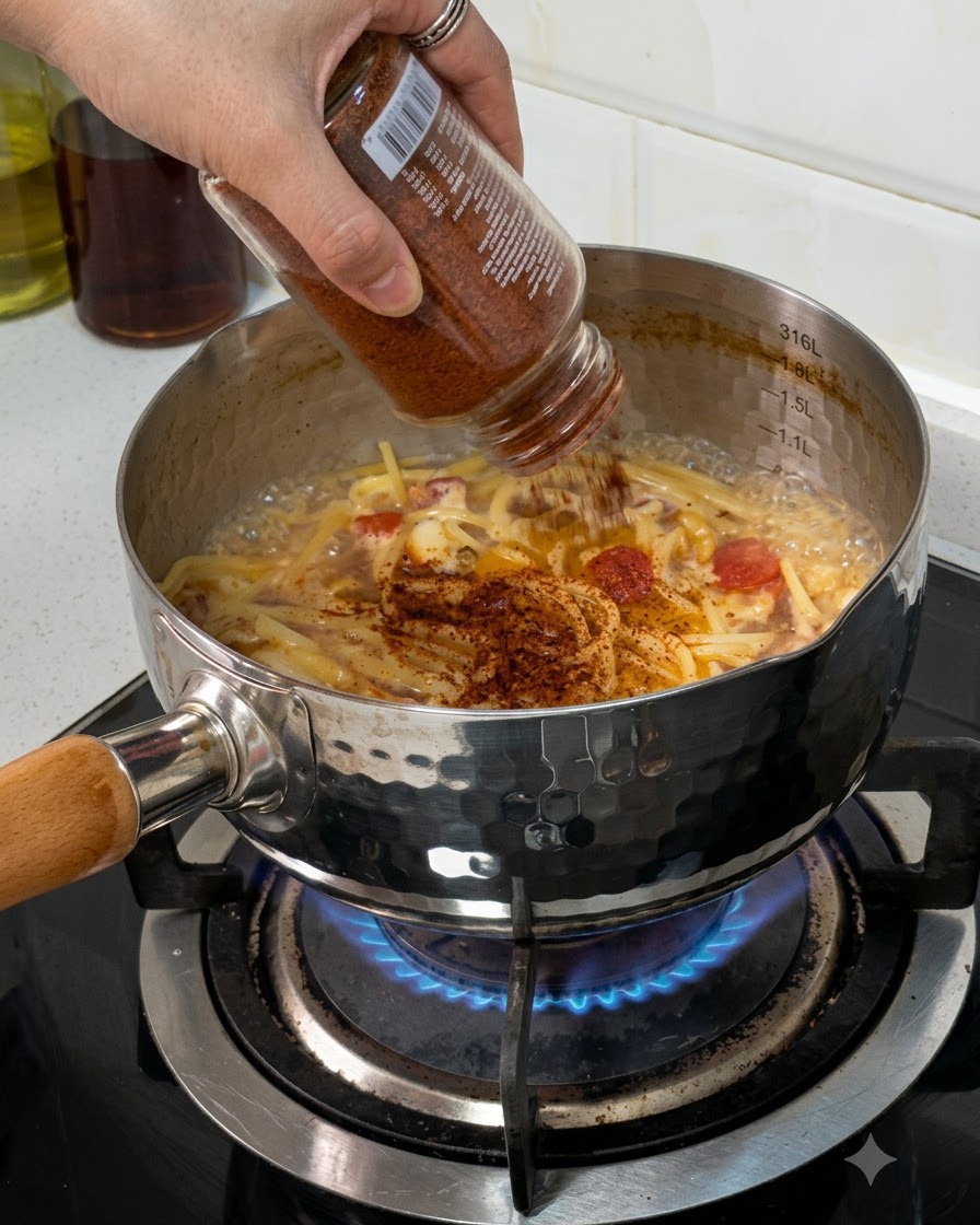 ガラス容器からスパゲッティとソースが煮立っている鍋に、スパイスの調味料を振り入れている様子。
