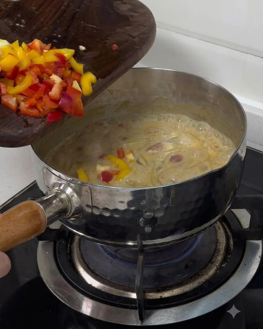まな板の上から、ダイス状に切った赤と黄色のパプリカを煮立っているパスタの鍋に滑り込ませている様子。