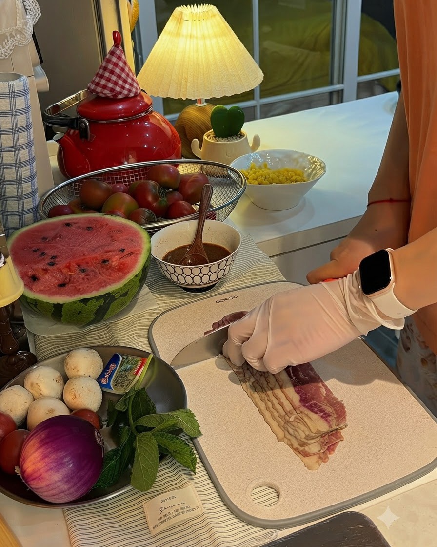 まな板の上でナイフを使い、ベーコンのスライスを食べやすい大きさに切り分けている様子。