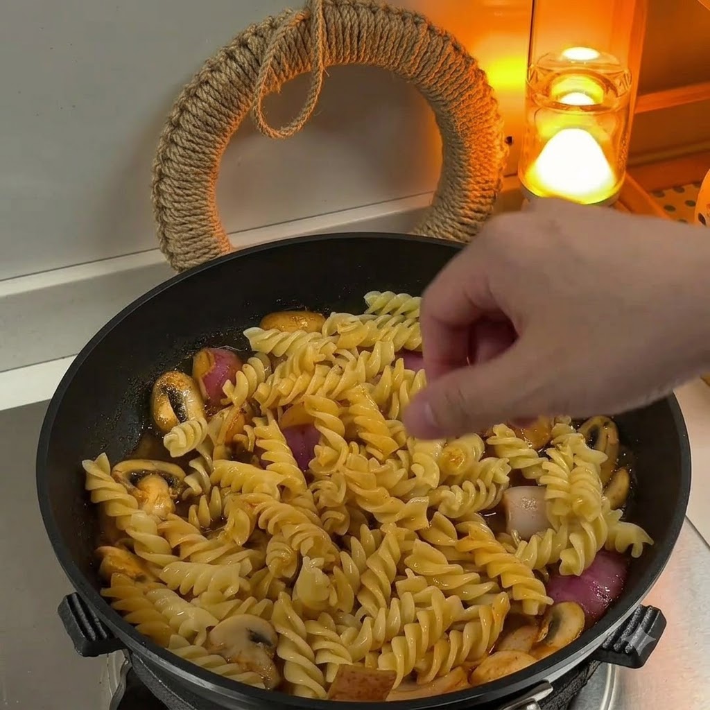 調理中のパスタ、きのこ、玉ねぎ、ソースが入ったフライパンに、半分に切ったチェリートマトと生クリームを加えている様子。