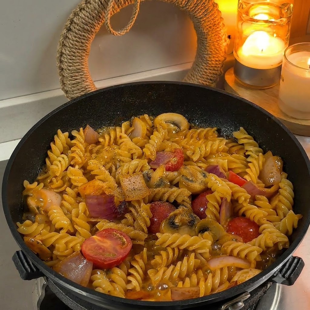 フライパンの中のパスタに黒こしょうと乾燥パセリを振りかけている様子。