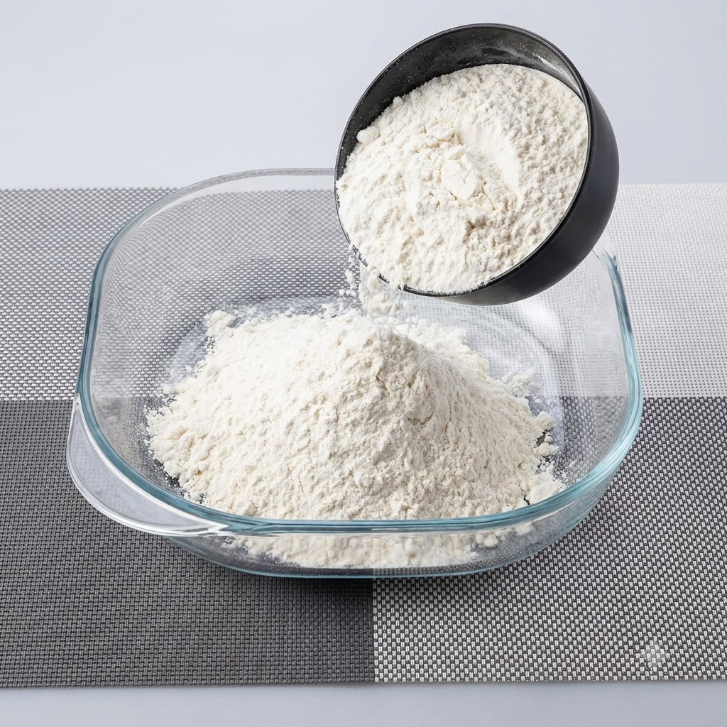 黒いボウルから透明なガラスボウルへと小麦粉が注がれている様子。