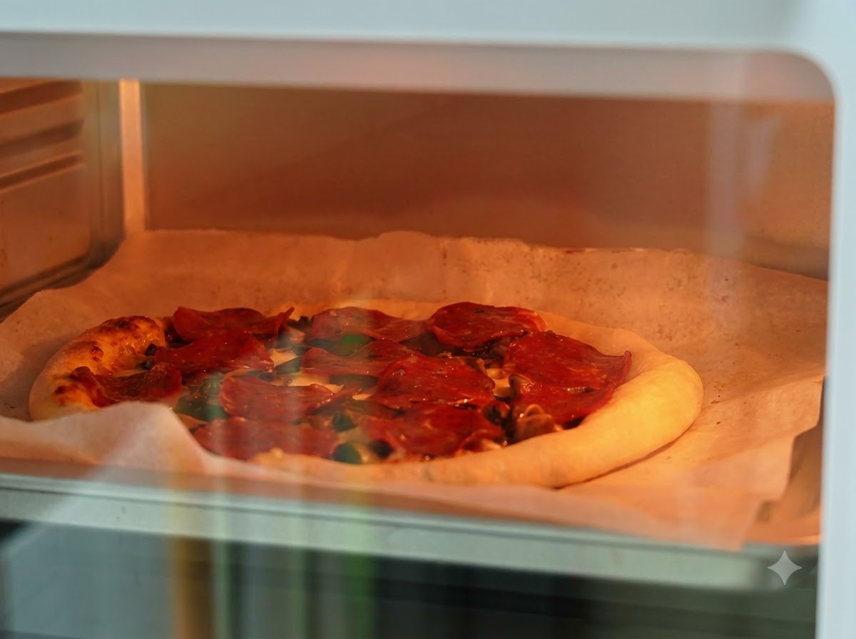 オーンプのガラス扉越しに、途中まで焼き上がったピザに追加のシュレッドチーズがトッピングされているクローズアップの様子。