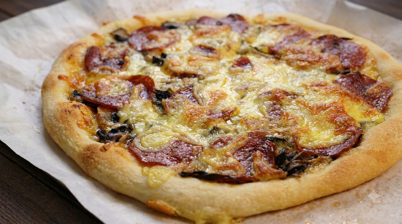オーブンペーパーの上に置かれた、黄金色の溶けたチーズが魅力の焼きたてのイタリアンソーセージとマッシュルームのピザ。
