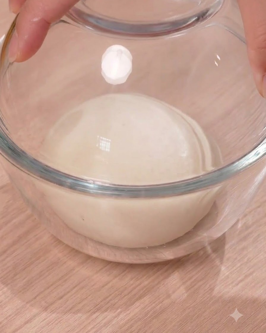 透明な蓋つきのガラスボウルの中で丸められたピザ生地