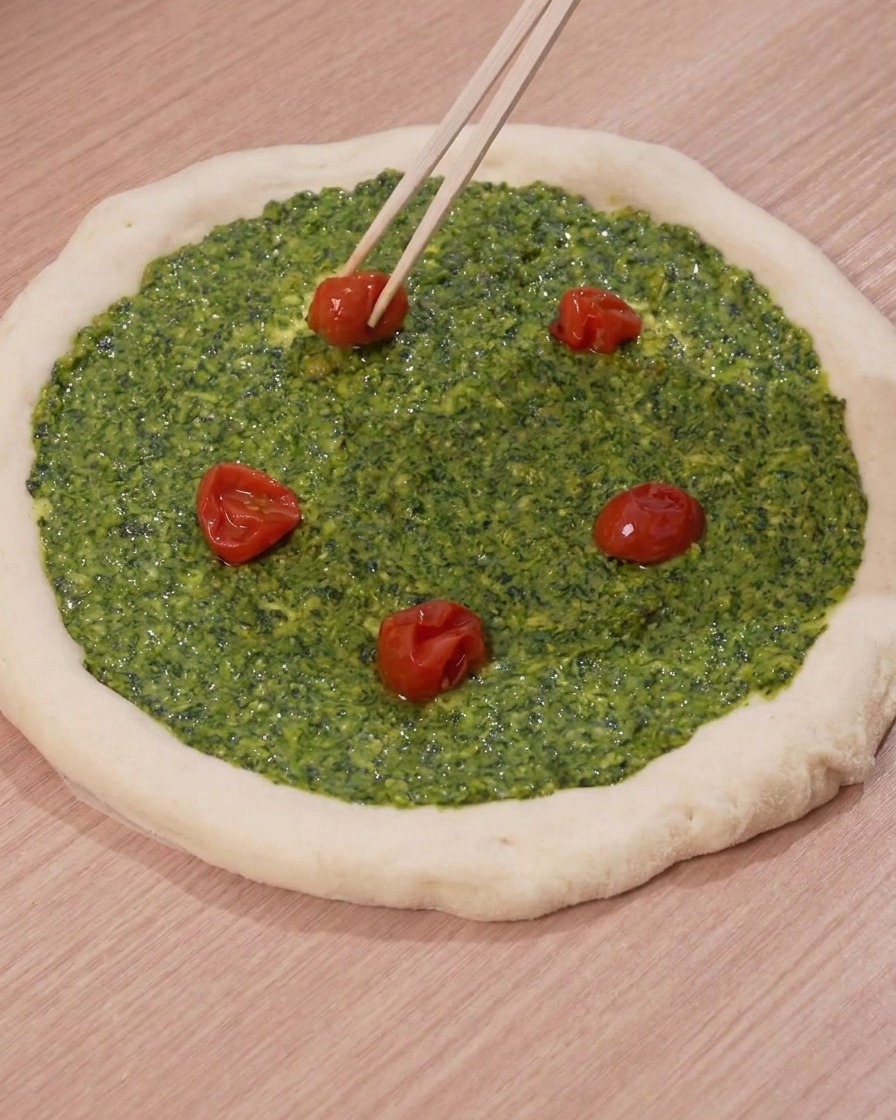 菜箸を使ってペストソースを塗ったピザ生地にローストしたチェリートマトをのせている様子