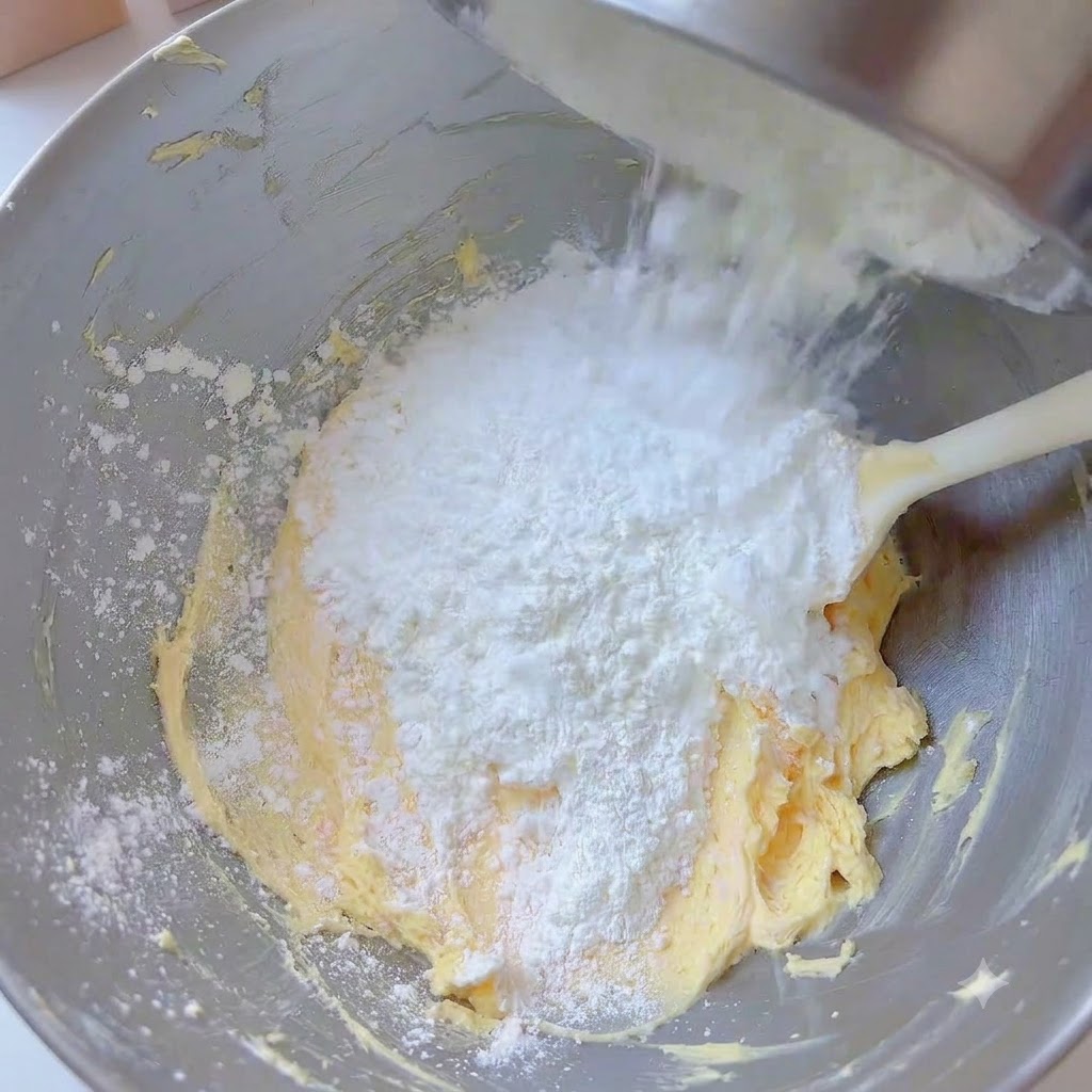 バターのベースが入ったミキシングボウルに、ふるいにかけた小麦粉とコーンスターチを投入している様子。