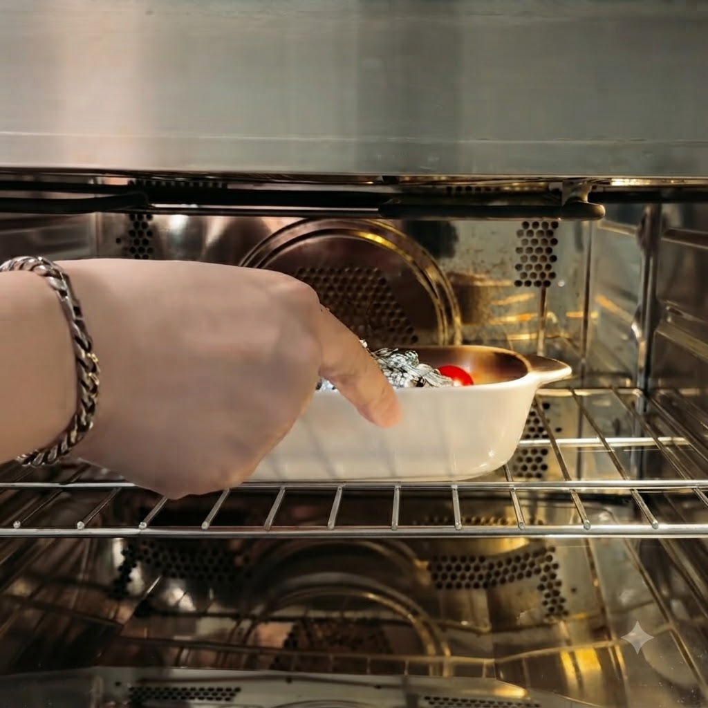 ホイルで包んだニンニクとチェリートマトが入った白い陶器の耐熱皿をオーブンに入れている様子。