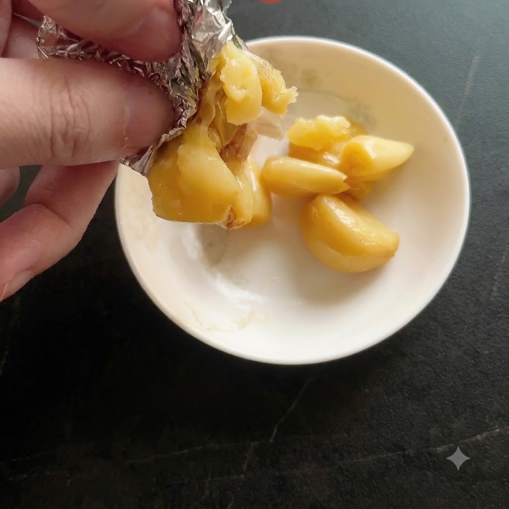 柔らかくローストされたニンニクの粒を薄皮から白い陶器のボウルに押し出している様子。