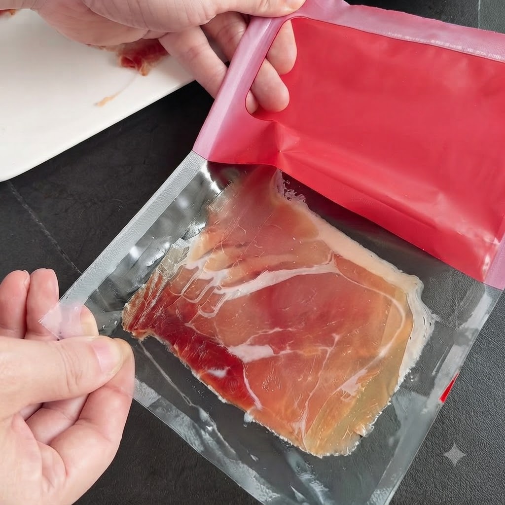 真空パックされたスペイン産生ハムのスライスを両手で開けているクローズアップ画像。