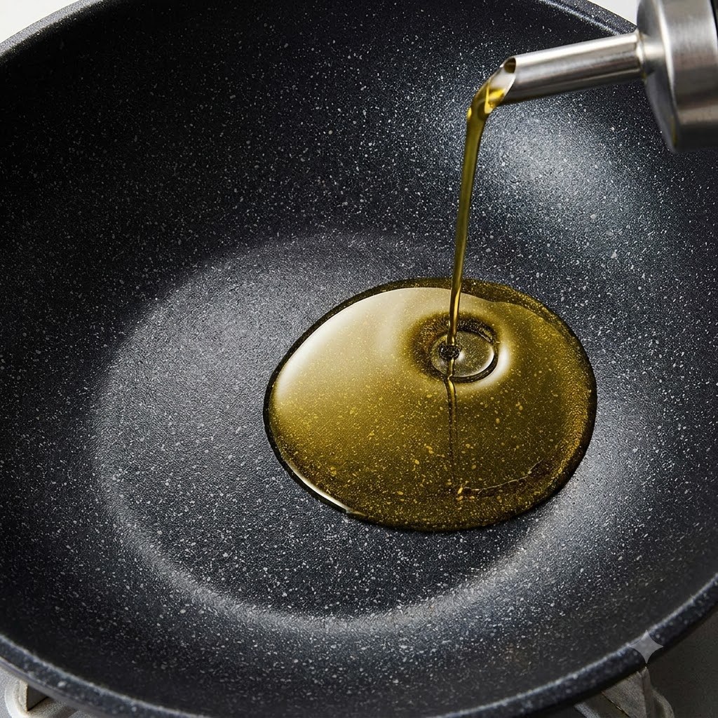 コンロの上の温まった黒い中華鍋に調理油が注がれている様子。