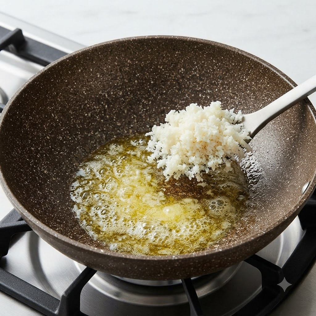 スパチュラを使って、フライパンの溶かしバターに白いご飯が加えられている様子。