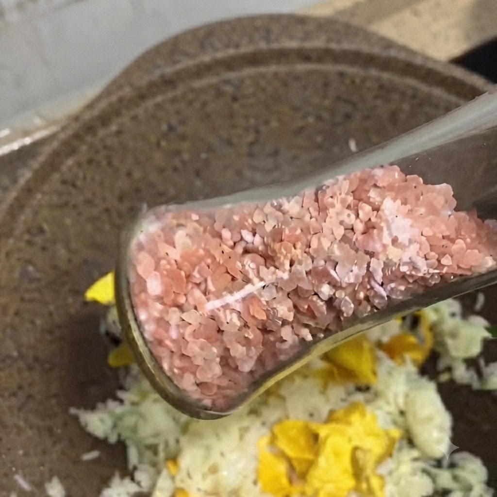 ガラス製のミルで、フライパンのチャーハンにピンクソルトと黒こしょうが振りかけられている様子。