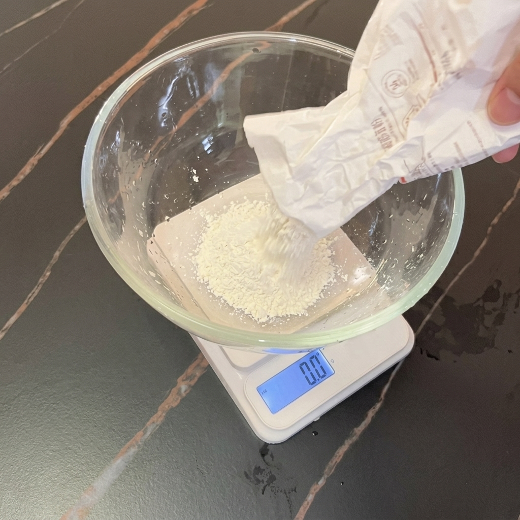 デジタルスケールの上に置かれたガラスボウルに粉が入っており、袋からさらに粉が注がれている様子。