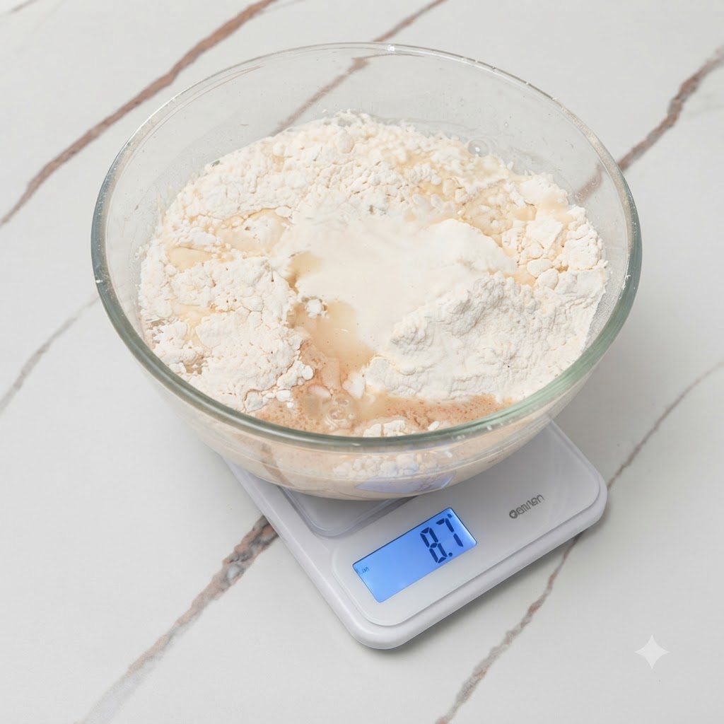小麦粉、水、その他の材料がガラスボウルの中で途中まで混ざり合っている様子。