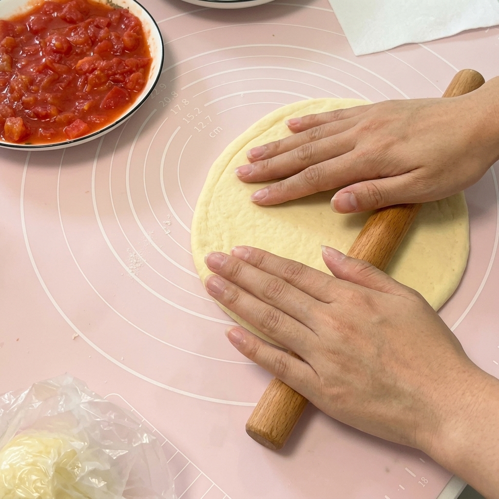 ピンク色のシリコンマットの上で、木製の麺棒を使ってピザ生地を薄い円形のシート状に広げている両手。