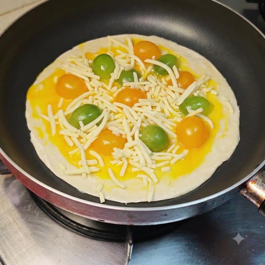フライパンの中のチーズが乗ったネギパイの上に、ケチャップがジグザグに絞られている様子。
