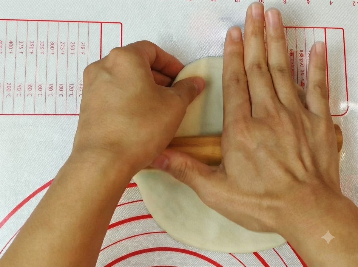 シリコンマット上で、木製の麺棒を使ってピザ生地を平らに整えている手。