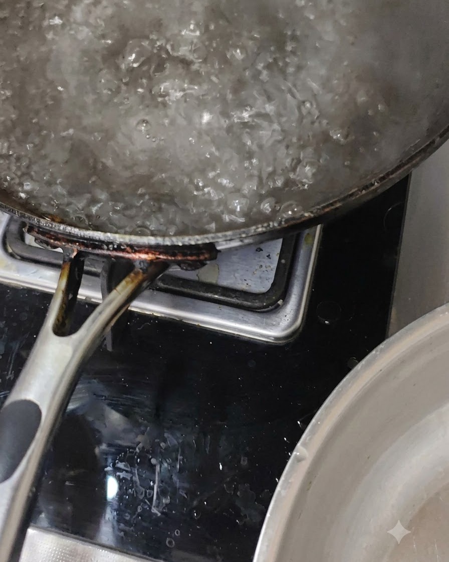 調理中に泡立っているお湯が入った鍋。