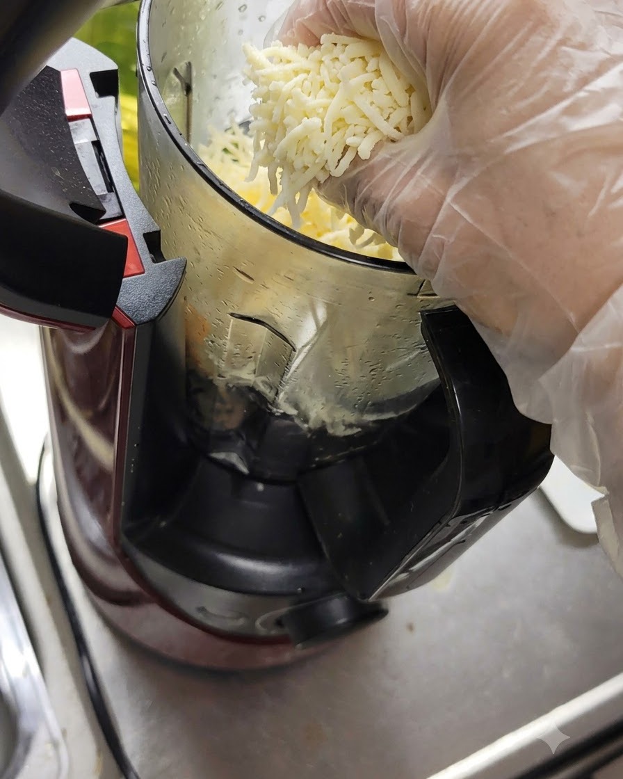 手袋をした手が、バジルが入ったブレンダーの容器にすりおろしたチーズを加えている様子。