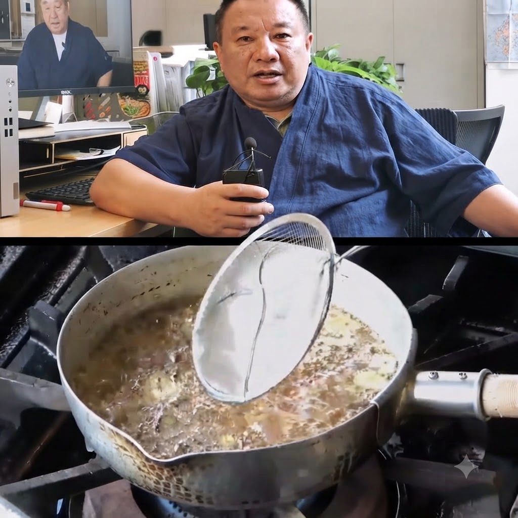 金属製の鍋の中で、泡立つ油の混合液の中で薄切りのニンニクが揚げられている様子。