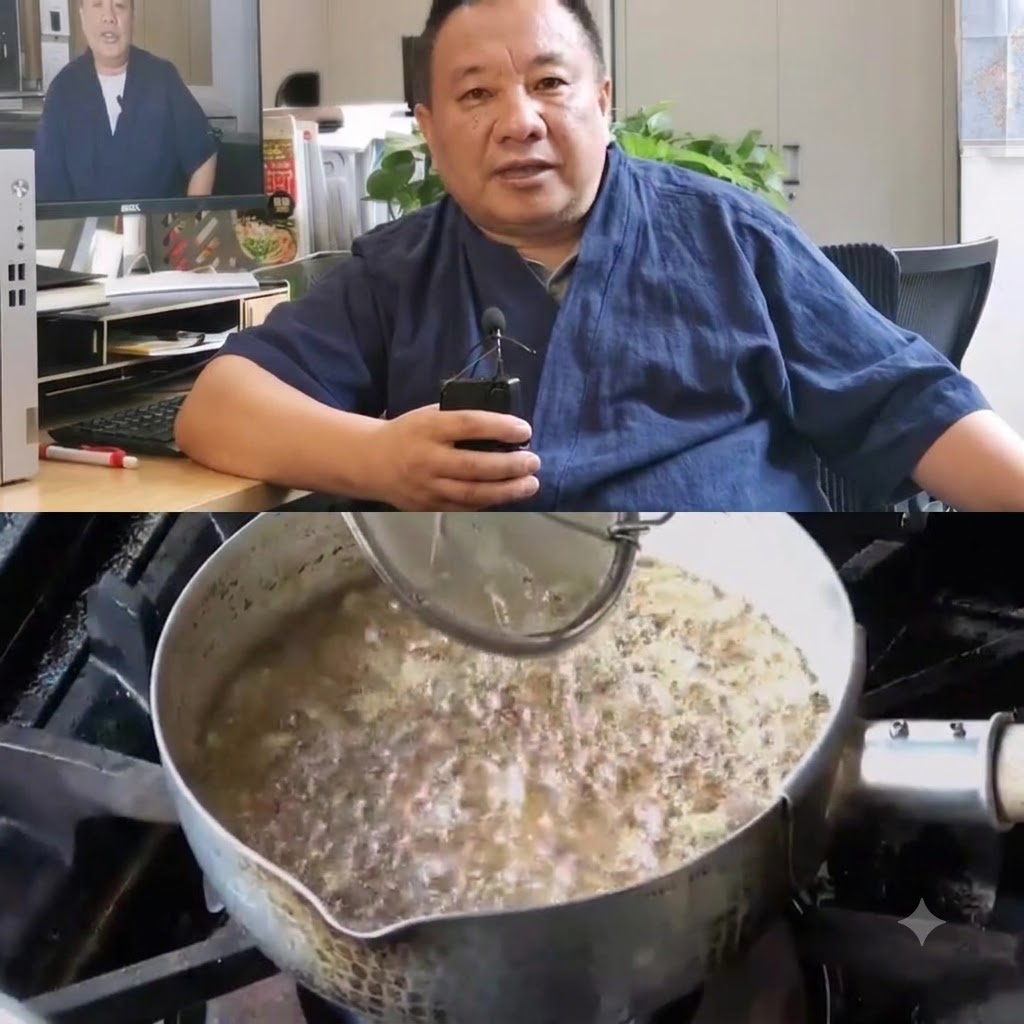 金属製の網ザルで、熱い油の中から黄金色のニンニクのスライスをすくい出している様子。
