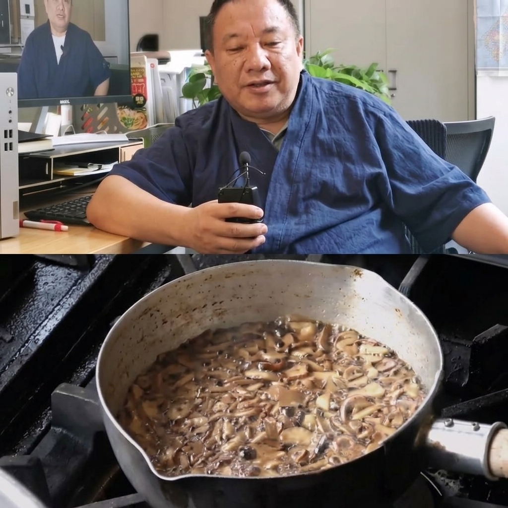 油で揚がる薄切りニンニクが入った金属製の鍋で、濃褐色になった部分をザルですくい出している様子。
