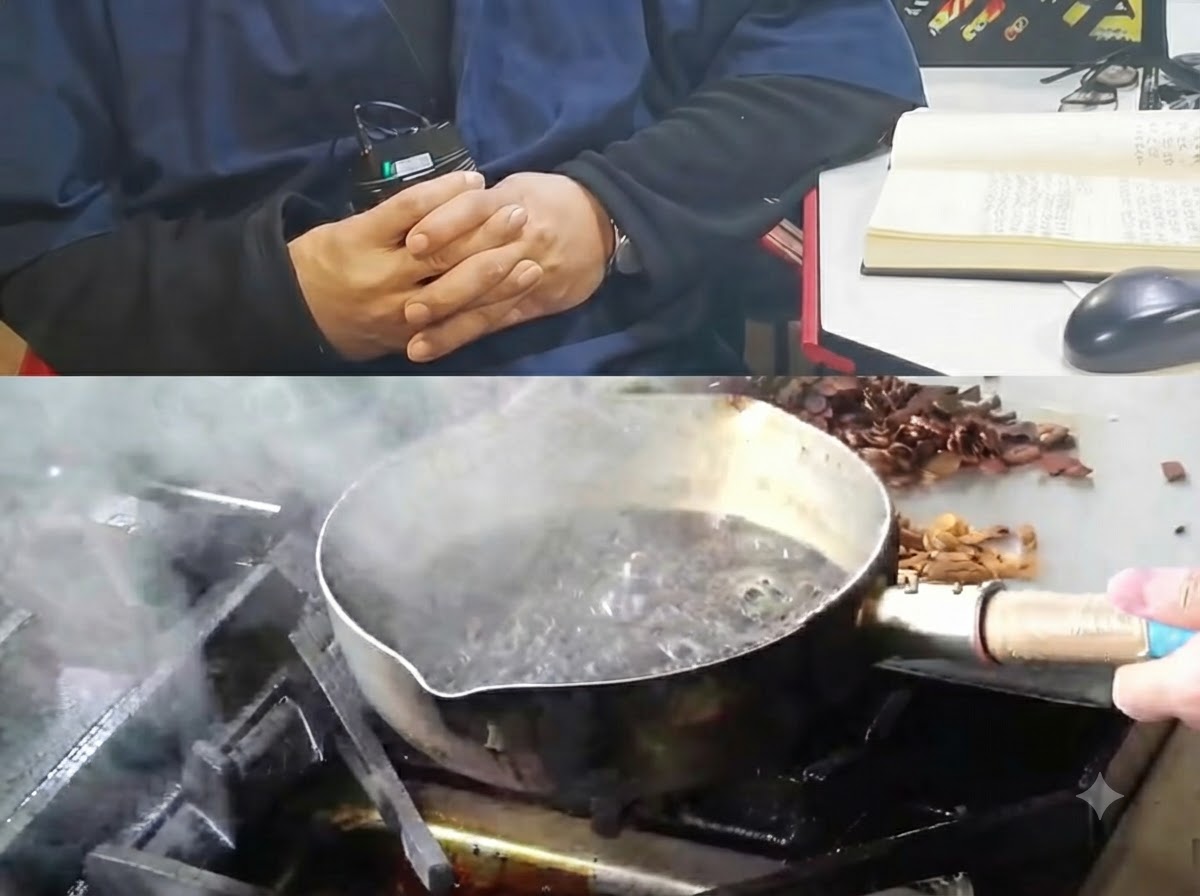 鍋の中の黒く泡立つ油から、完全に黒く焦げたニンニクのスライスが引き上げられている様子。