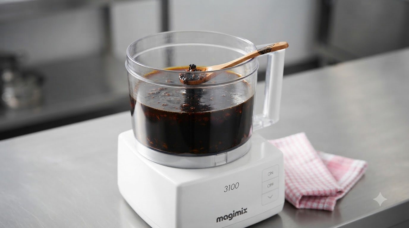新しくすりつぶした濃厚な黒マー油が入ったフードプロセッサーの容器のクローズアップ、容器のそばにはスプーンが置かれています。