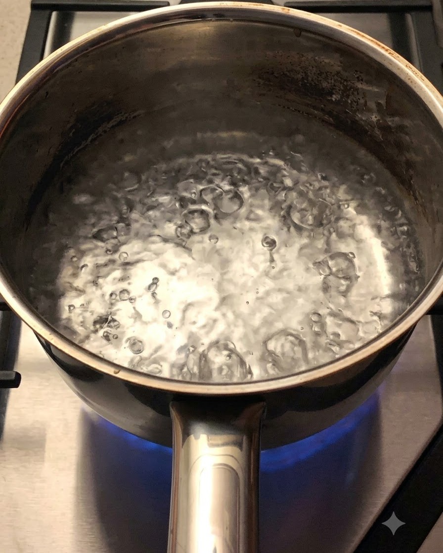 熱いお湯が入った鍋の中で、乾麺の塊が茹でられている様子。