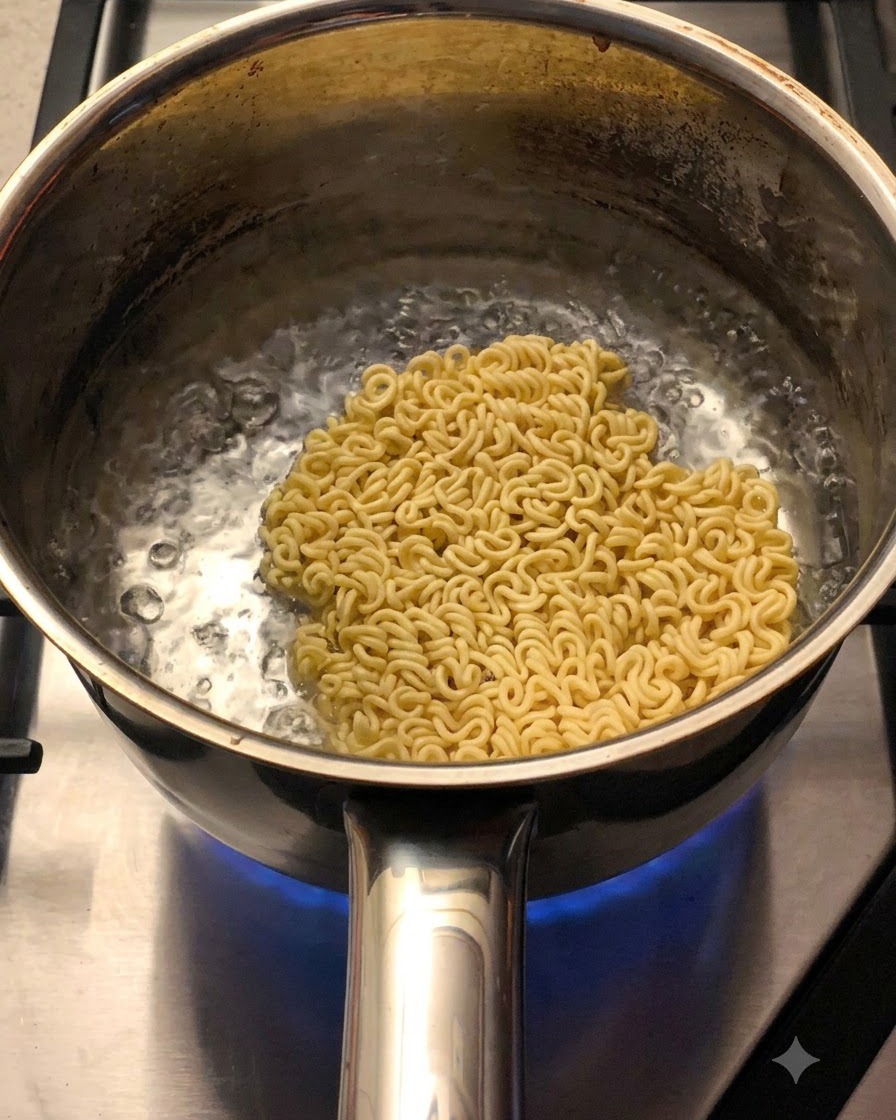 沸騰した鍋の中で茹でる乾麺の上に、調味料や乾燥かやくが散りばめられている様子。