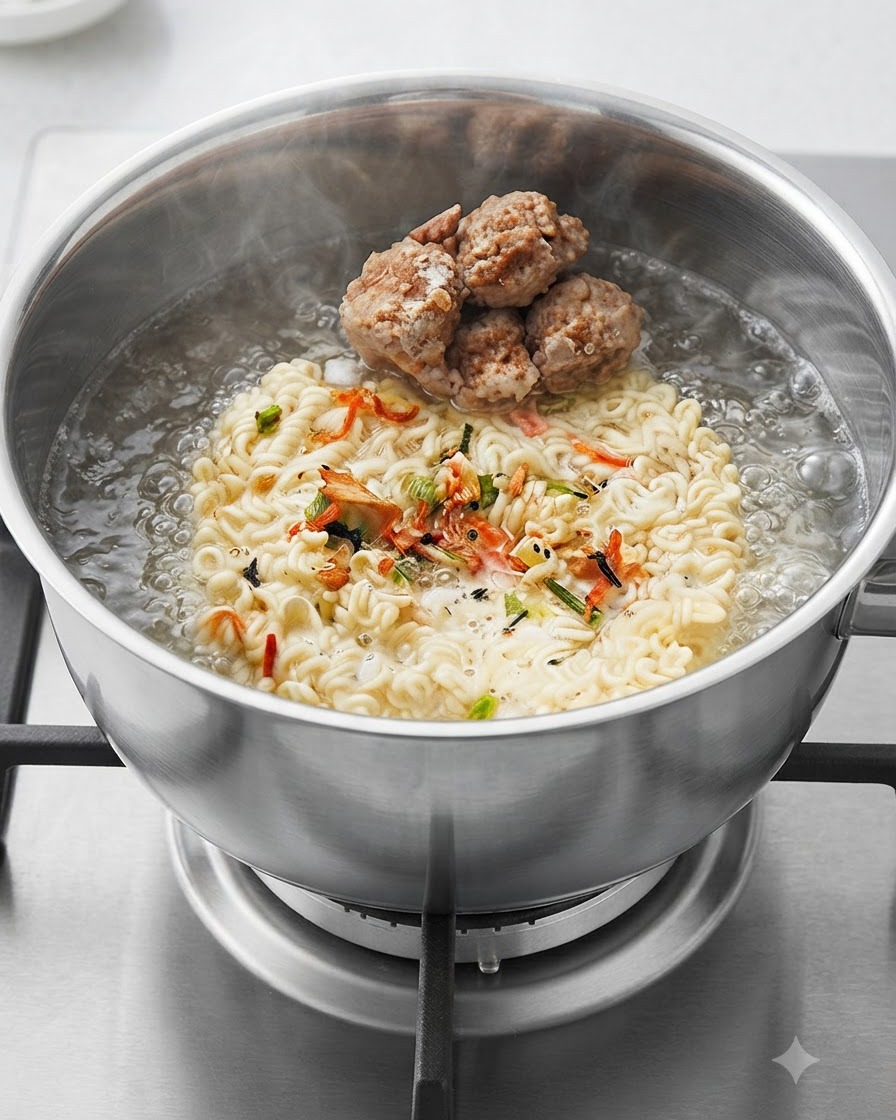 沸騰中の鍋の中にある麺の上に、自家製の肉団子が乗っている様子。