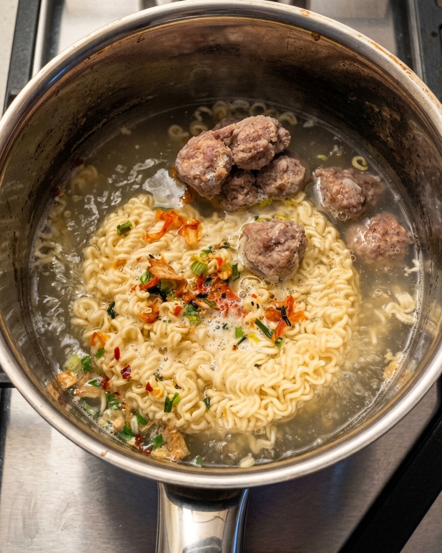 麺や肉団子の周りの鍋の中に、サイコロ状に切った白い豆腐が入っている様子。