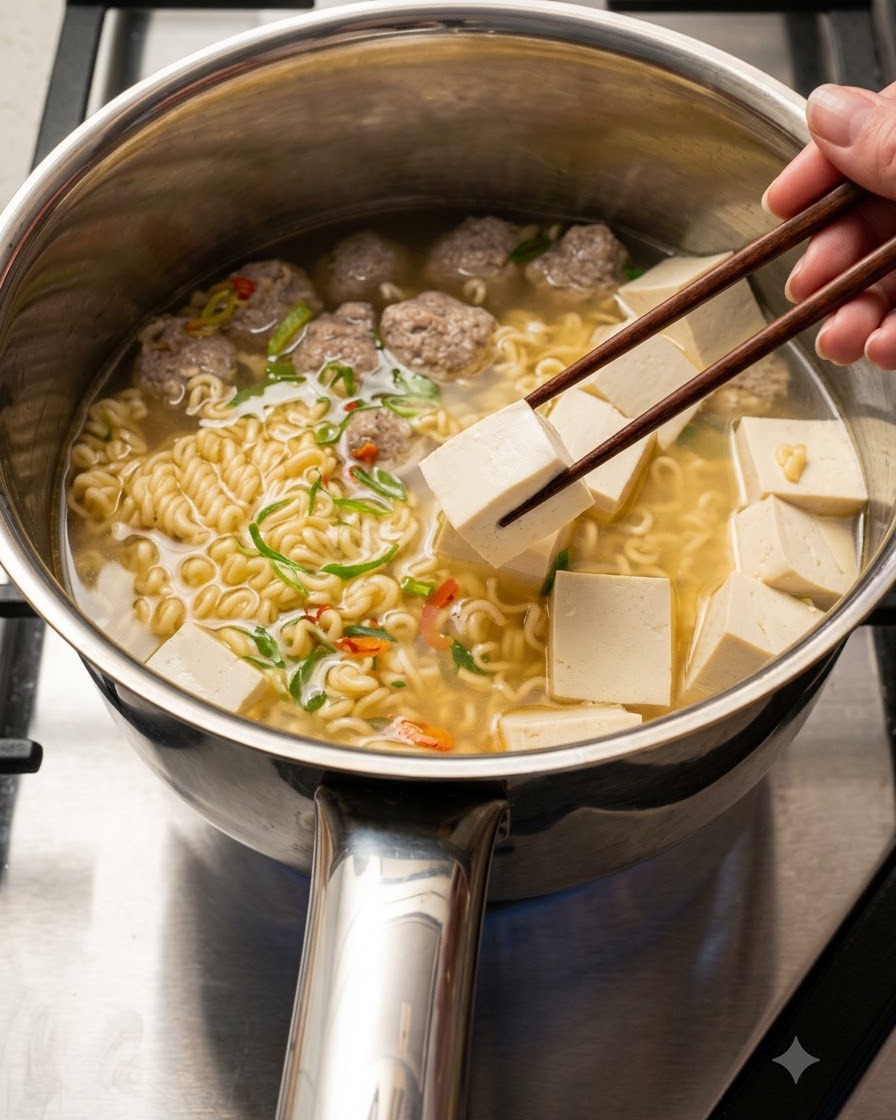 箸で豆腐をつまんだ状態の、麺、肉団子、豆腐の入った鍋にスライスしたキムチが加えられている様子。