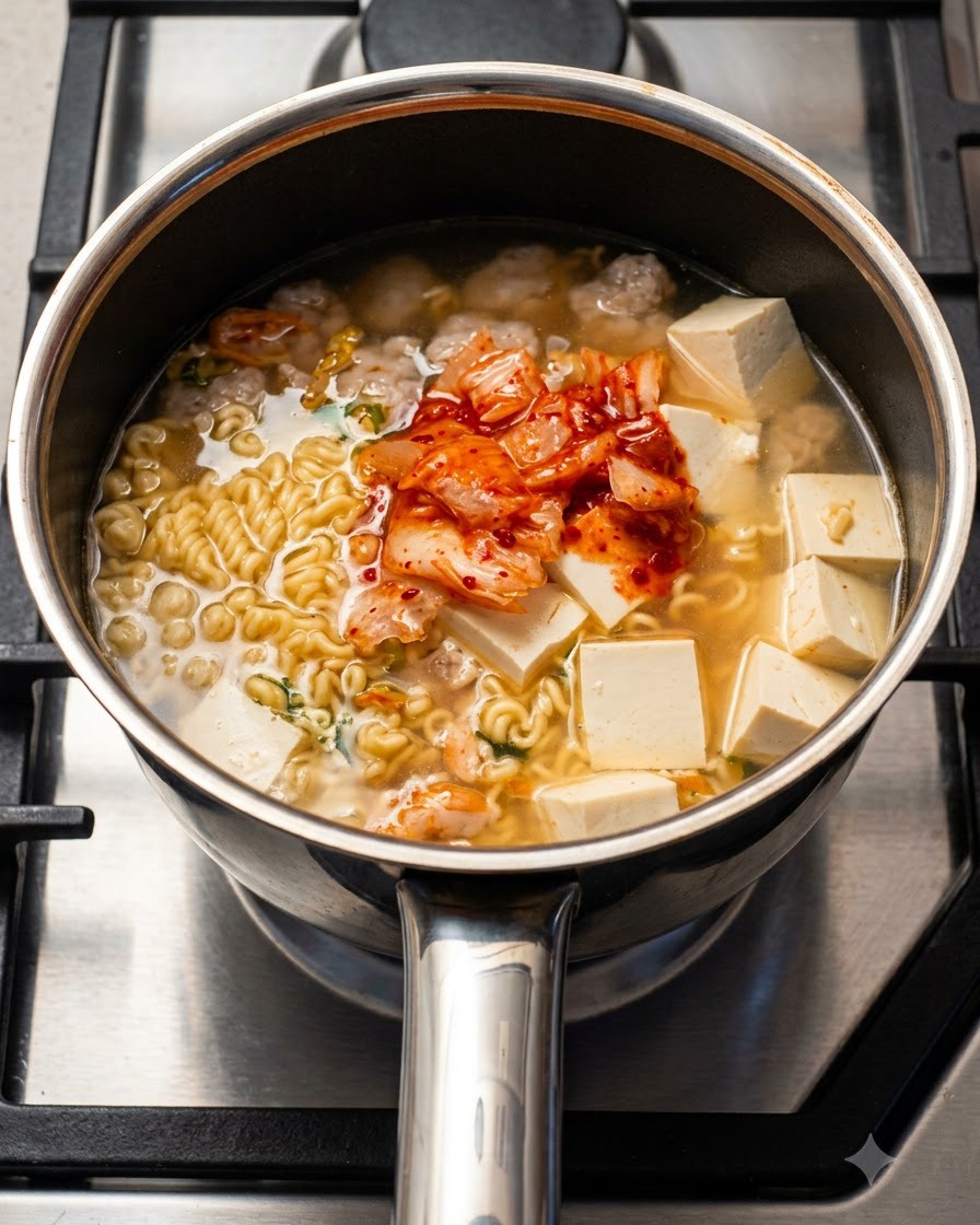 出汁、麺、豆腐、キムチで満たされた鍋に、小さな小袋から調味料の粉末が直接振りかけられている様子。