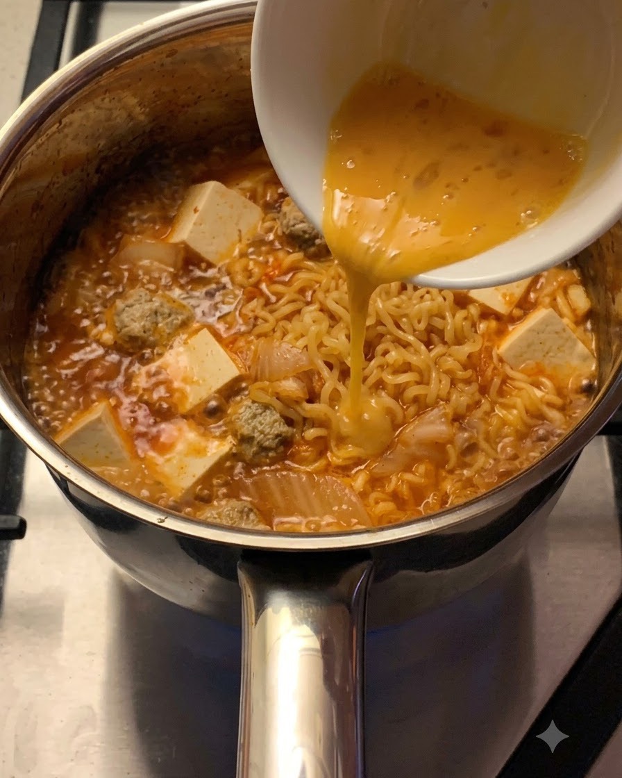 白いボウルに入った溶き卵が、麺と豆腐の入ったグツグツとしたラーメンスープに糸状に流し込まれている様子。