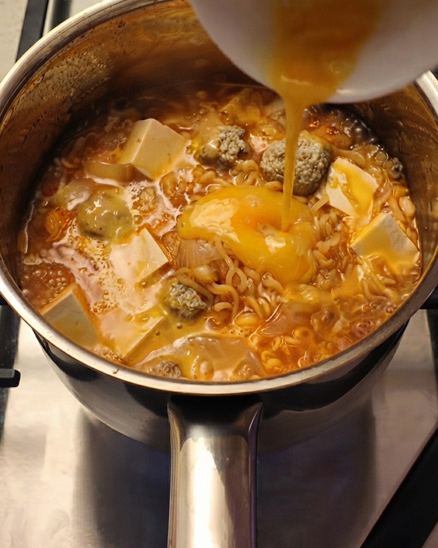 グツグツと煮える麺と卵スープの上に、刻みネギがパラパラと散らされている様子。