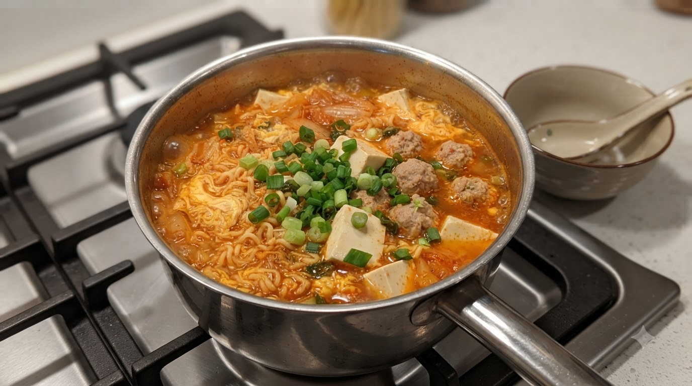 肉団子、サイコロ状の柔らかい豆腐、卵、そして刻みネギがたっぷり入った、グツグツと煮えるキムチ辛ラーメンの鍋